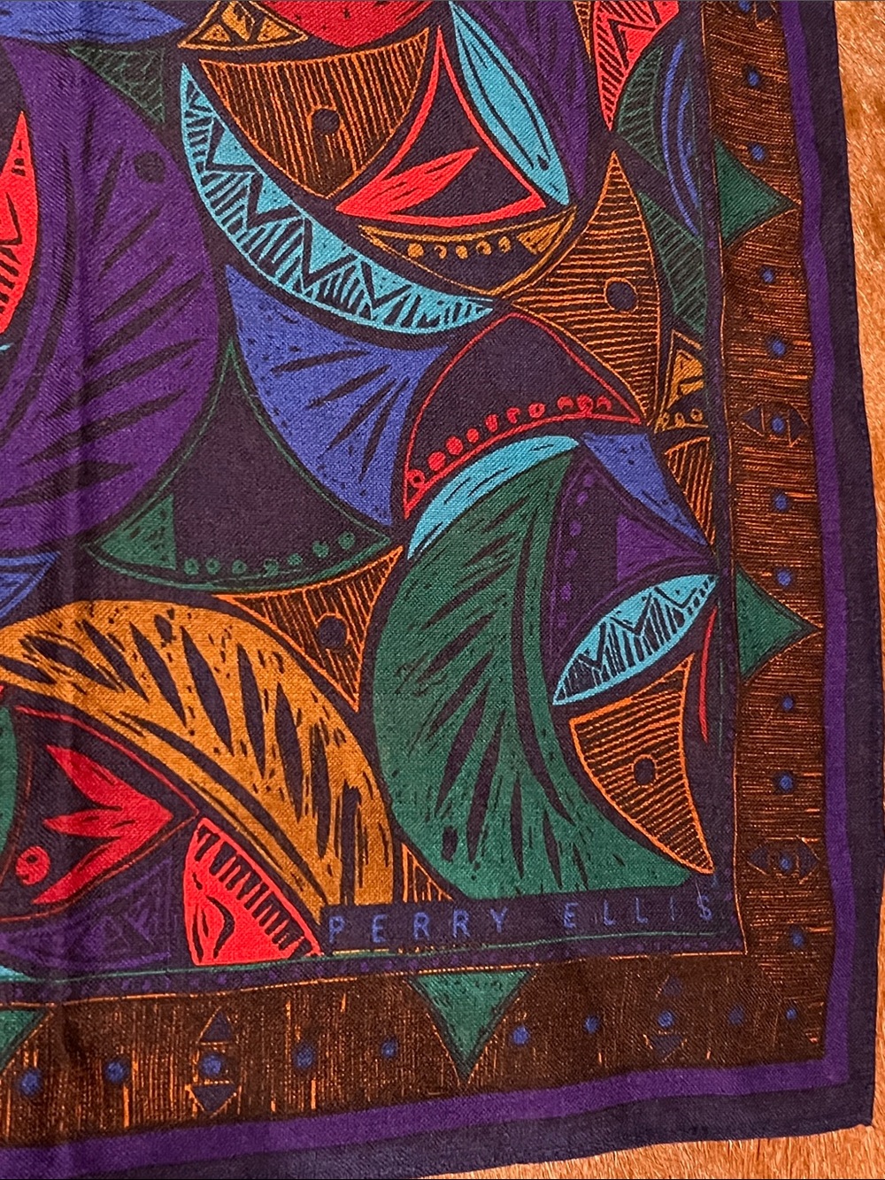 100% Wool Perry Ellis Geometric Print Scarf in Blue, Teal, Purple & Red, Japan - Picture 6 of 10